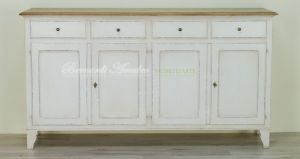 Kitchen or living room cupboard in solid wood with very antique white finish and solid oak top